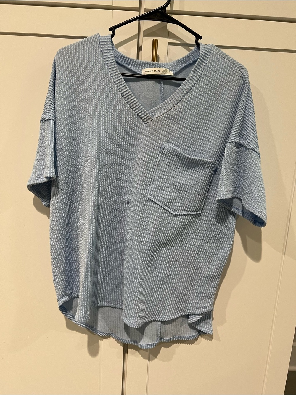Altar'd State Pale Blue Waffle V-Neck Pocket Tee